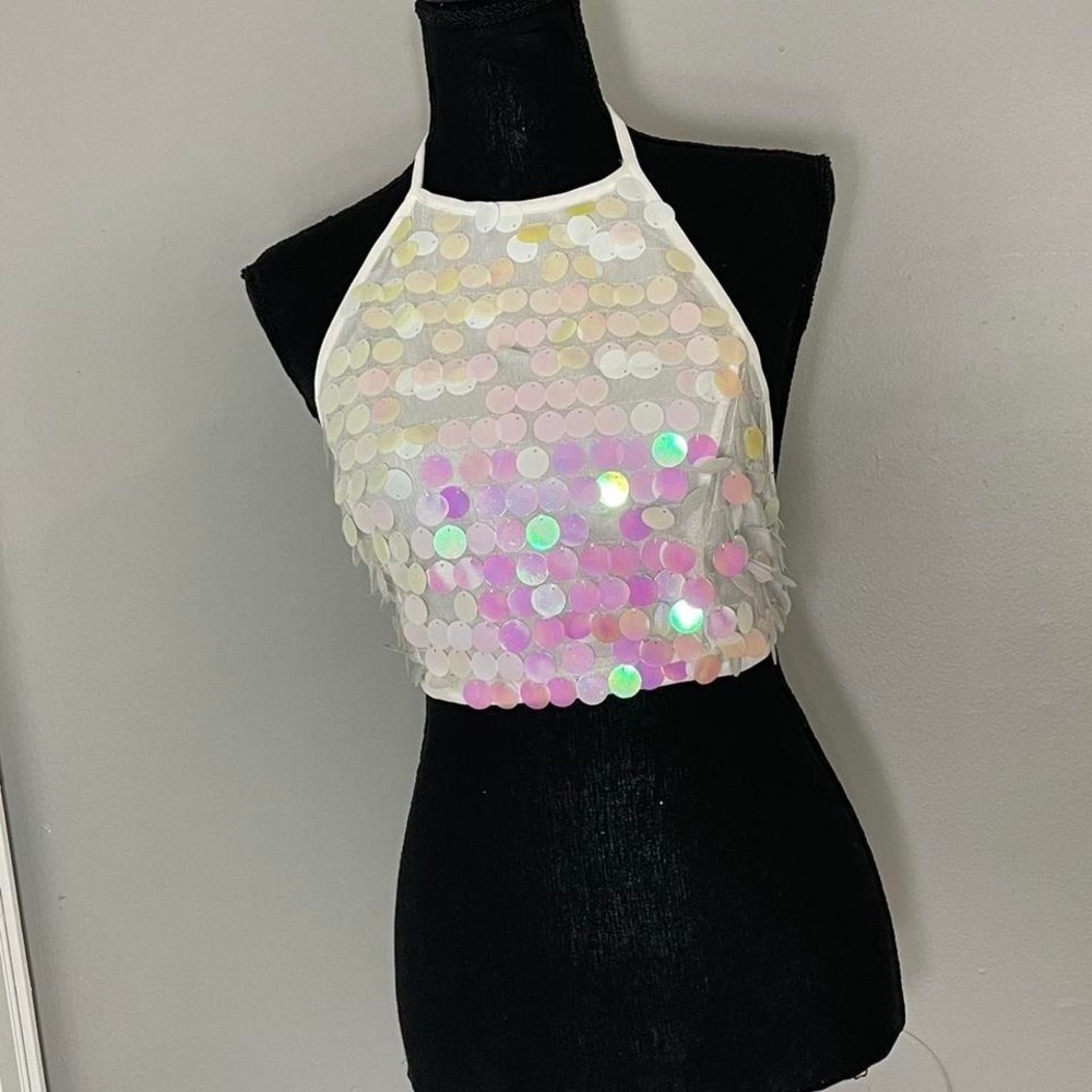 White sequin halter top with tie neck and back